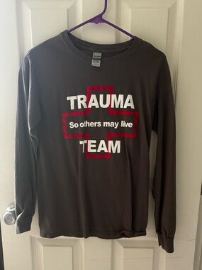 Gildan Dark Gray Long Sleeve Tee with Red and White Trauma Graphic
